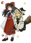  2girls :d ;d absurdres apron ascot black_hat black_skirt black_vest blonde_hair blue_ascot bow braid broom broom_riding brown_eyes brown_hair brown_shoes closed_mouth commentary_request detached_sleeves frilled_bow frilled_hair_tubes frills green_bow hair_bow hair_tubes hakurei_reimu hat hat_bow highres kirisame_marisa loafers long_hair multiple_girls one_eye_closed open_mouth puffy_short_sleeves puffy_sleeves red_bow red_skirt ribbon-trimmed_sleeves ribbon_trim shoes short_sleeves side_braid simple_background single_braid skirt skirt_set smile socks touhou vest waist_apron white_apron white_background white_bow white_socks witch_hat yellow_eyes yin_yang yuke_yukima 