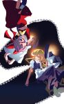  2girls absurdres apron ascot black_hat black_skirt black_vest blonde_hair bow braid broom broom_riding brown_hair chunye_xiuluo commentary_request detached_sleeves frilled_bow frilled_hair_tubes frills hair_bow hair_tubes hakurei_reimu hat hat_bow highres kirisame_marisa long_hair multiple_girls red_bow red_eyes red_skirt ribbon-trimmed_sleeves ribbon_trim side_braid single_braid sketch skirt skirt_set touhou unfinished vest waist_apron white_apron white_bow witch_hat yellow_ascot yellow_eyes 