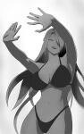  1girl \||/ absurdres arms_up artist_request azuma_fubuki bikini braid breasts commentary_request cowboy_shot crown_braid curtained_hair double_\||/ floating_hair full_cleavage greyscale hair_over_one_eye halterneck hand_shadow_covering_breasts_(meme) highres large_breasts lipstick long_hair makeup mato_seihei_no_slave mature_female meme monochrome navel one_eye_covered open_hands outstretched_arms parted_lips shadow simple_background smile solo spread_fingers swimsuit upper_body very_long_hair white_background 
