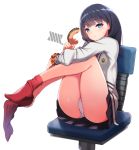  ass black_hair blue_eyes chair commentary_request doughnut food legs legs_up logo long_hair looking_at_viewer loose_socks office_chair panties raised_eyebrows red_legwear scrunchie sessue simple_background sitting skirt socks solo ssss.gridman sweatdrop takarada_rikka thighs underwear uniform white_background white_panties wrist_scrunchie 