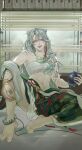  1girl animal_ear_piercing animal_ears arm_on_knee bell budget_sarashi chain commentary_request earrings gold_chain green_skirt grey_hair highres holding_jug jewelry korean_commentary looking_at_viewer necklace no_navel open_mouth path_to_nowhere ririby_j sarashi skirt slit_pupils tail tattoo teeth tiger_ears tiger_girl tiger_tail tiger_tattoo upper_teeth_only xiaofeng_(path_to_nowhere) yellow_eyes 
