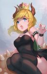  1girl black_dress black_legwear blonde_hair blue_eyes bowsette bracelet breasts collar collarbone dress eyebrows_visible_through_hair fangs horns jewelry jj33jj55 long_hair mario_(series) medium_breasts new_super_mario_bros._u_deluxe nintendo open_mouth solo spiked_armlet spiked_collar spiked_shell spiked_tail spikes strapless super_crown thighhighs 