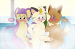 aipom anthro antoine_(tentsonfire) balls bedroom_eyes blush brown_body brown_fur brown_hair dipstick_tail eevee fur generation_1_pokemon generation_2_pokemon genitals group hair hand_on_another's_shoulder hand_on_hip hand_on_own_cheek hand_on_own_hip hand_on_shoulder hi_res ibrahim_(tentsonfire) looking_at_another male male/male markings meowth meowth_tents(tentsonfire) multicolored_body multicolored_fur narrowed_eyes nintendo nude_anthro nude_male penis pink_inner_ear pokemon pokemon_(species) purple_body purple_fur purple_hair question_mark seductive steam tail tail_markings tents_(tentsonfire) tentsonfire tongue tongue_out trio wet white_body white_fur white_hair white_tail_tip yellow_body yellow_fur