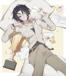  1girl belt black_belt black_hair breast_pocket breasts closed_mouth collared_shirt commentary curtained_hair eleanor_si english_commentary flower food holding holding_paper_airplane inaterayukiha jewelry layered_clothes long_sleeves looking_at_viewer love_curse:_find_your_soulmate necklace one_eye_closed pants paper paper_airplane pillow plate pocket rose shirt short_hair smile solo trophy watch wristwatch yellow_eyes yellow_flower yellow_rose 