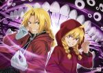  1boy 1girl ahoge artist_name asukamama89 black_pants black_shirt blonde_hair braid braided_ponytail coat commentary_request creator_connection demon edward_elric extra_eyes fullmetal_alchemist gabriel_(yomi_no_tsugai) gabu_(yomi_no_tsugai) gloves highres hood hood_down hood_up hooded_coat mixed-language_commentary pants purple_eyes red_coat shirt smile twin_braids white_gloves yellow_eyes yomi_no_tsugai 