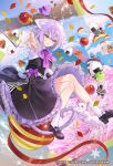  1girl ahoge animal_ear_fluff animal_ears black_dress black_shoes bow cat_ears cat_girl cat_tail commentary_request dress hair_between_eyes hanekoto hololive loafers looking_at_viewer nekomata_okayu offering_hand official_art open_mouth purple_bow purple_eyes purple_hair shoes short_hair smile socks solo tail virtual_youtuber white_socks 