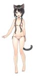  animal_ears barefoot bikini black_hair breasts cat_ears cat_tail cleavage collarbone eyebrows_visible_through_hair full_body green_eyes long_hair looking_at_viewer low_twintails midorikawa_you original pink_bikini shiny shiny_hair side-tie_bikini simple_background small_breasts solo standing swimsuit tail twintails white_background 