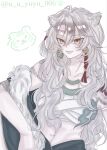 1girl animal_ears chest_sarashi cowboy_shot grey_hair highres long_hair midriff navel path_to_nowhere sarashi sitting slit_pupils smile solo tail tiger tiger_ears tiger_girl tiger_tail u_u_yuyu_006 very_long_hair white_background xiaofeng_(path_to_nowhere) yellow_eyes 