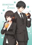  1girl alcohol black_hair brown_eyes business_suit character_name cup drinking drinking_straw folded_ponytail formal ginoza_nobuchika hair_ornament hair_scrunchie holding holding_cup nakamura_sumikage necktie psycho-pass scrunchie shimotsuki_mika short_hair suit whiskey 