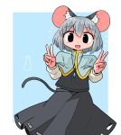  1girl :d absurdres animal_ear_fluff animal_ears black_eyes black_skirt black_vest blue_capelet capelet commentary_request commission double_v grey_hair highres jewelry kasuya_baian long_sleeves looking_at_viewer mouse_ears mouse_girl mouse_tail nazrin open_mouth pendant shirt short_hair skeb_commission skirt skirt_cutout smile solo tail touhou v vest white_shirt 