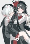  2girls absurdres arms_around_neck artist_request beret black_hair black_hat black_shirt carrying carrying_person chinese_commentary closed_eyes collared_shirt commentary_request commission cowboy_shot flower hair_flower hair_ornament hat highres long_hair long_sleeves looking_at_viewer mahou_shoujo_no_majo_saiban multicolored_hair multiple_girls necktie nikaido_hiro open_mouth piggyback red_eyes red_flower red_necktie sakuraba_ema second-party_source shirt short_hair smile standing white_background white_flower white_hair x_hair_ornament 
