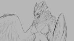  2018 absurd_res anthro avian beak breasts digital_drawing_(artwork) digital_media_(artwork) feathered_wings feathers female grey_background greyscale hi_res monochrome neck_tuft nipples non-mammal_breasts nude open_mouth open_smile simple_background sketch smile solo tuft watsup wide_hips wings 
