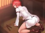  all_fours ass ayakumo black_legwear breasts commentary_request drumsticks from_behind horikawa_raiko large_breasts looking_at_viewer looking_back pantyhose pantyhose_pull red_eyes red_hair short_hair soles solo thighs touhou 