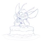  2010 4_fingers alien antennae blush c0nnerc00n cake chest_tuft claws digital_drawing_(artwork) digital_media_(artwork) disney experiment_(species) food fur head_tuft lilo_and_stitch open_mouth open_smile ribbons simple_background sketch smile stitch tuft white_background 