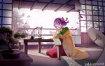  1girl :d absurdres bilibili_watermark bing_guo bonsai bow calligraphy_brush chinese_commentary commentary_request elbow_rest frilled_kimono frills green_kimono hair_bow hair_ornament hakama hakama_skirt hand_up hands_up hieda_no_akyuu highres holding holding_calligraphy_brush holding_paintbrush indoors japanese_clothes kimono lantern looking_at_viewer off_shoulder oil-paper_umbrella open_mouth paintbrush purple_eyes purple_hair red_bow red_skirt scroll seiza short_hair sitting skirt smile solo table tassel tassel_hair_ornament teeth touhou tree umbrella upper_teeth_only watermark wide_shot 