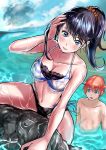  1boy 1girl animal_print bangs beach bikini black_bikini_bottom black_hair blue_eyes blue_sky blush breasts cloud cloudy_sky commentary_request couple day hair_ornament hair_scrunchie hand_on_own_head hetero hibiki_yuuta highres kurosawa_(hjkl42332) large_breasts long_hair looking_at_another looking_at_viewer medium_breasts mismatched_bikini navel ocean orange_scrunchie partially_submerged ponytail red_hair scrunchie shirtless side-tie_bikini sky ssss.gridman swimsuit takarada_rikka tiger_print viride water wet wet_clothes 