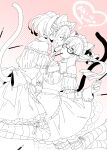  2girls animal_ears back_bow bespectacled black_tail blush bow braid cat_ears cat_girl cat_tail character_name commentary_request dress embarrassed eye_contact floating_food food food_in_mouth frilled_dress frilled_thighhighs frills glasses half_up_braid hand_on_another's_cheek hand_on_another's_face heart high_ponytail ikuhashi_muiko koujiro_frau light_blush long_hair looking_at_another maid maid_headdress monochrome multiple_girls off-shoulder_dress off_shoulder open_mouth pairing_name pink_background pocky pocky_in_mouth ponytail ribbon-trimmed_thighhighs ribbon_trim robotics;notes science_adventure senomiya_akiho short_hair smile striped_clothes striped_thighhighs surprised tail thighhighs tongue white_tail wide-eyed yuri 