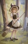  1girl absurdres apron bilibili_watermark bing_guo blonde_hair bow braid broom broom_riding chinese_commentary commentary_request dress frills hair_bow hat hat_bow highres holding holding_broom kirisame_marisa long_hair on_ground ribbon short_sleeves side_braid single_braid skirt solo touhou tree waist_apron watermark white_bow witch_hat yellow_eyes 