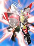  1girl airplane_wing armor artist_request black_armor blue_hair drill explosion gaogaigar green_eyes mecha_musume non-web_source v-fin yuusha_ou_gaogaigar yuusha_series 