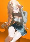  1girl absurdres belt blonde_hair blue_eyes breasts cleavage_cutout clothing_cutout commentary enu_illustip gakuen_idolmaster glasses grey_shirt hair_behind_ear highres idolmaster juo_sena large_breasts long_hair long_sleeves looking_at_viewer miniskirt multicolored_hair parted_hair pink_hair shirt skirt sleeves_past_wrists solo streaked_hair thighs tucking_hair very_long_hair white_belt 