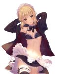  apron armpits arms_behind_head arms_up artist_name artoria_pendragon_(all) artoria_pendragon_(swimsuit_rider_alter) black_bow black_jacket black_legwear black_ribbon black_skirt blonde_hair bow bowtie breasts choker cleavage collarbone cowboy_shot fate/grand_order fate_(series) frilled_apron frilled_skirt frills garters head_tilt jacket looking_at_viewer maid_headdress medium_breasts miniskirt navel open_clothes open_jacket ribbon rosuuri short_hair simple_background skirt solo standing thighhighs underboob waist_apron white_apron white_background yellow_eyes 
