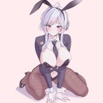  1girl absurdres ahoge animal_ears between_breasts black_jacket black_leotard black_necktie black_shoes blush braid breasts brown_pantyhose cleavage closed_mouth clothes_between_breasts clothing_cutout commentary curvy fake_animal_ears fishnet_pantyhose fishnets full_body gloves grey_hair hair_bun hairband high_heels highres ine_(vtuber) jacket korean_commentary large_breasts leotard long_hair long_sleeves looking_at_viewer navel necktie necktie_between_breasts pantyhose pink_background playboy_bunny plump purple_eyes rabbit_ears rabbit_girl rapid17 shoes sidelocks simple_background sitting solo thighs virtual_youtuber waktaverse wariza white_gloves white_hair wrist_cuffs 