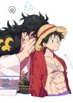  >_< 2boys 6tnut9 abs black_hair commentary_request hat japanese_clothes kimono kimono_on_shoulders kouzuki_momonosuke long_hair male_focus monkey_d._luffy multiple_boys one_piece open_clothes open_shirt pink_kimono purple_sash red_shirt sash scar scar_on_chest scar_on_face shirt straw_hat 