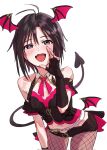  ameneko_(ameneko_illust) antenna_hair bat_wings black_gloves black_hair blush corset demon_tail detached_collar fang fingerless_gloves fishnet_pantyhose fishnets gloves groin highres idolmaster idolmaster_(classic) kikuchi_makoto leaning_forward looking_at_viewer midriff navel neck_ribbon open_mouth pantyhose parted_bangs pink_trim purple_eyes red_nails ribbon short_shorts shorts sidelocks tail white_background wings 