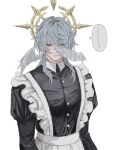  1boy apron black_dress blue_pupils blush buttons closed_mouth collarbone collared_dress commentary_request cropped_torso crossdressing dress earrings embarrassed feathered_wings frills gold_earrings grey_hair hair_between_eyes halo halo_behind_head head_wings honkai:_star_rail honkai_(series) jewelry juliet_sleeves lips long_sleeves looking_down maid_apron male_focus mochigasukin puffy_sleeves short_hair sidelocks simple_background solo speech_bubble sunday_(honkai:_star_rail) upper_body waist_apron white_apron white_background wings yellow_eyes 