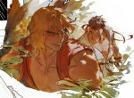  2boys black_hair blonde_hair chinese_commentary dougi forked_eyebrows gloves headband highres ken_masters long_hair looking_at_another looking_back male_focus multiple_boys muscular muscular_male open_mouth pectoral_cleavage pectorals red_dougi red_headband ryu_(street_fighter) short_hair smile street_fighter thick_eyebrows unfinished xp_guaiyi_renlei 