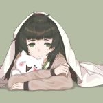  absurdres bangs black_hair blanket blunt_bangs crossed_arms green_eyes grey_background highres hiyajou_maho long_hair long_sleeves lying marsirome on_stomach simple_background solo steins;gate steins;gate_0 stuffed_animal stuffed_cat stuffed_toy 