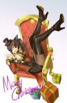  absurdres animal_ears black_boots black_hat black_pantyhose black_shorts blue_hair blush boots bow box brown_hair chair coat daitaku_helios_(joyful_jamboree!)_(umamusume) daitaku_helios_(umamusume) double_w epaulettes fang fishnet_pantyhose fishnets gift gift_box hat highres horse_ears horse_girl horse_tail jacket merry_christmas mini_hat multicolored_hair official_alternate_costume on_chair open_mouth pantyhose pantyhose_under_shorts red_coat red_jacket ruukii_drift shirt shorts side_ponytail smile streaked_hair tail tailcoat thigh_boots tilted_headwear top_hat umamusume w 