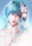  +\l.l./+_(path_to_nowhere) 1girl blue_hair flower hair_flower hair_ornament highres lipstick looking_at_viewer makeup path_to_nowhere portrait qianqi smile solo 