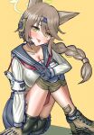  1girl absurdres alternate_breast_size_(larger) animal_ears black_headband blue_archive blue_sailor_collar blue_skirt blush boots braid breasts brown_hair cleavage closed_mouth commentary_request fox_ears fox_girl green_eyes green_halo green_shorts grey_boots halo headband headphones highres knee_pads korean_commentary large_breasts long_braid long_hair neckerchief otogi_(blue_archive) red_neckerchief sailor_collar shirt shorts shorts_under_skirt single_braid sitting skirt solharuu solo tongue tongue_out white_shirt 