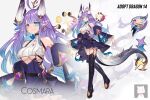  1girl ahoge bare_shoulders belt black_belt black_boots blue_bow blue_eyes blue_hair blunt_bangs boots bow breasts character_name closed_mouth clothing_cutout color_guide cropped_shirt detached_sleeves dragon_girl dragon_horns dragon_tail earrings full_body garter_straps gradient_hair grey_tail hair_ornament heterochromia high_heel_boots high_heels highres horns jewelry juliet_sleeves kuntou_art lips long_hair long_sleeves looking_at_viewer medium_breasts mole mole_under_eye multicolored_hair multiple_horns original pink_eyes pointy_ears puffy_sleeves purple_hair purple_skirt purple_sleeves shirt sidelocks skirt smile standing standing_on_one_leg star-shaped_pupils star_(symbol) straight_hair symbol-shaped_pupils tail thigh_boots tsurime turtleneck underboob underboob_cutout white_shirt wide_sleeves zoom_layer 