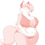  anthro belly belly_grab big_belly big_breasts blush bra breasts canine clothed clothing deep_navel embarrassed female fox hand_on_stomach hi_res huge_breasts mammal midriff navel nipple_bulge overweight overweight_female panties simple_background solo titsunekitsune underwear zera_(titsunekitsune) 