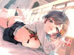 1girl black_hair black_skirt black_socks breasts commentary_request condom condom_wrapper eyelashes flower_hairpin grey_eyes highres holding holding_condom kamizuki_shiki looking_at_viewer lying on_stomach original panties panties_around_one_leg red_ribbon ribbon shirt skirt socks sweat tongue tongue_out underwear white_shirt 