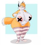  anthro belly big_belly big_breasts blush breasts canine clothing embarrassed female fox hi_res huge_breasts lactating legwear mammal nipple_tape overweight overweight_female pasties pussy simple_background solo stockings striped_legwear striped_stockings stripes tape titsunekitsune zera_(titsunekitsune) 