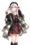  1girl ahoge alisa_mikhailovna_kujou bag bare_shoulders beret black_boots blue_eyes boots braid breasts brown_cardigan cardigan cardigan_partially_removed cleavage collarbone commentary_request cover cover_page crossed_bangs cup disposable_coffee_cup disposable_cup earrings fashion fluffy_clothes french_girly grey_hair hair_ribbon handbag hands_up hat highres holding holding_cup jacket jewelry knee_boots light_blush long_hair looking_at_viewer manga_cover official_art open_mouth pink_ribbon plaid_clothes plaid_scarf red_skirt ribbon scarf simple_background skirt smile solo standing tenacitysaho textless_cover_page tokidoki_bosotto_roshia-go_de_dereru_tonari_no_alya-san twin_braids white_background 