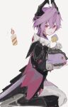  1boy birthday_cake black_boots black_jacket black_shirt boots cake cake_slice candle capelet character_cake collared_capelet crossed_bangs dragon_boy dragon_horns dragon_tail dragon_wings durin_(genshin_impact) eating folded_wings food food_on_face from_side genshin_impact hair_between_eyes holding holding_cake holding_food horns jacket looking_at_viewer male_focus medium_hair non_non291 notice_lines pants plate purple_hair shirt sideways_glance solo tail white_background white_pants wings 