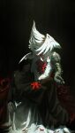 1boy 1other absurdres arm_armor black_background black_veil carrying carrying_person charon_(reverse:1999) commentary_request covered_face feathered_wings fine_art_parody flower head_wings highres lying_on_lap moondown_(twtmoondown) official_alternate_costume parody pieta red_flower reverse:1999 robe skeletal_hand upper_body veil white_robe white_wings wings 