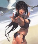  :d armpits ass bangs beach bikini bird black_bikini black_hair blue_sky blurry breasts brown_eyes cleavage clothes_writing collarbone commentary criss-cross_halter dark_skin depth_of_field earrings g-tz hair_ribbon halterneck highres jewelry large_breasts ocean open_mouth original outdoors reaching_out ribbon running sand seagull shiny shiny_skin side-tie_bikini sidelocks skindentation sky smile swimsuit tan twisted_torso wet white_ribbon 