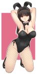  1girl alternate_costume animal_ears black_bow black_eyes black_hair black_leotard bow breasts commentary_request fake_animal_ears fishnet_pantyhose fishnets girls_und_panzer high_heels large_breasts leotard long_hair mature_female nishizumi_shiho pantyhose rabbit_ears solo squatting uona_telepin 