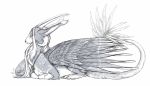  2017 arsauron black_nose claws digital_media_(artwork) dragon feathered_dragon feathered_wings feathers female feral fur furred_dragon greyscale lying monochrome simple_background solo white_background wings 