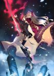 ass asymmetrical_legwear bangs black_legwear blonde_hair breasts buckle cape detached_collar earrings ereshkigal_(fate/grand_order) eyebrows_visible_through_hair fate/grand_order fate_(series) floating from_side fur-trimmed_cape fur_trim gold gold_trim hair_ribbon high_heels highres holding holding_weapon jewelry light light_particles long_hair looking_up multicolored multicolored_cape multicolored_clothes nail_polish necklace no-kan open_mouth outdoors parted_bangs purple_nails red_cape red_eyes red_ribbon ribbon single_thighhigh skull solo thighhighs tiara twintails two_side_up weapon wind 
