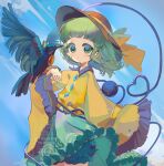  1girl animalization bird bird_on_hand black_bird black_hat blue_sky bow buttons chest_eye collared_shirt commentary_request day diamond_button disembodied_linked_eye eyeball floral_print frilled_shirt_collar frilled_skirt frilled_sleeves frills green_eyes green_hair green_skirt hat hat_bow heart heart_of_string highres komeiji_koishi long_sleeves looking_at_viewer medium_hair mimim3kn print_skirt reiuji_utsuho reiuji_utsuho_(bird) rose_print shirt skirt sky touhou watermark wide_sleeves yellow_bow yellow_shirt 