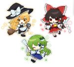  3girls apron ascot black_hair black_hat black_shoes black_skirt black_vest blonde_hair blue_skirt blush blush_stickers bow braid broom broom_riding chibi chibi_only chinese_commentary chunye_xiuluo collar commentary commentary_request detached_sleeves dot_nose flower four-pointed_star frilled_skirt frills frog_hair_ornament full_body gohei green_eyes green_hair hair_bow hair_ornament hair_ribbon hair_tubes hakurei_reimu hat hat_bow highres holding holding_gohei kirisame_marisa kochiya_sanae long_hair looking_at_viewer mini-hakkero multiple_girls nontraditional_miko open_mouth puffy_short_sleeves puffy_sleeves red_eyes red_ribbon red_skirt red_vest ribbon shirt shoes short_sleeves side_braid single_braid single_hair_tube skirt sleeveless sleeveless_shirt smile snake_hair_ornament socks star_(symbol) touhou very_long_hair vest waist_apron white_apron white_background white_bow white_socks wide_sleeves witch_hat yellow_ascot yellow_eyes 