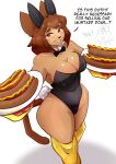 2026 absurd_res anthro big_breasts bow_tie breasts brown_body brown_hair bunny_costume clothing collarbone costume dialogue domestic_cat eyebrows eyelashes fake_ears fake_rabbit_ears felid feline felis female food gameoverse glistening glistening_breasts glitch_productions hair hi_res holding_object holding_plate hot_dog kit_(gameoverse) leotard mammal plate red_eyes shirt_collar solo whiskers wide_hips yellow_sclera zevulpes