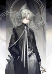  1boy absurdres alternate_costume animal_ears arknights arm_at_side asymmetrical_clothes asymmetrical_coat bassline_(arknights) belt black_belt black_coat closed_mouth coat commentary cowboy_shot flower green_hair hand_in_pocket highres holding holding_flower jiuri_jiuhao official_artist_extra one_ear_down pants parted_bangs red_eyes short_hair tail white_pants wolf_boy wolf_ears wolf_tail 