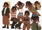  2girls absurdres bag bikini black_bikini black_hair black_jacket black_skirt boots breasts cleavage collared_shirt cropped_shirt dark-skinned_female dark_skin dolphin_shorts dreadlocks dress fishnet_pantyhose fishnets gutalalaman hand_in_pocket highres jacket jewelry kathy_(gutalalaman) lace-up_boots medium_breasts multiple_girls multiple_views navel_piercing necklace original pantyhose penny_(gutalalaman) piercing plaid_clothes plaid_dress shirt shorts skirt solo_focus swimsuit v white_shirt yellow_eyes 